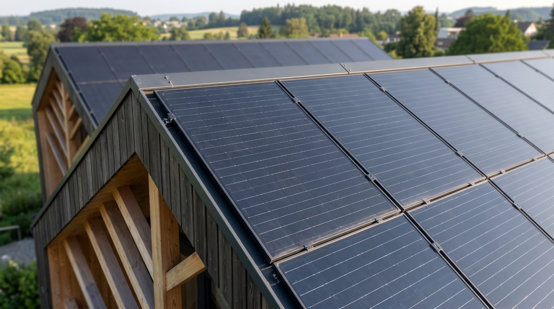 Detail der schwarzen Photovoltaikmodule auf einem Arbini-Dach