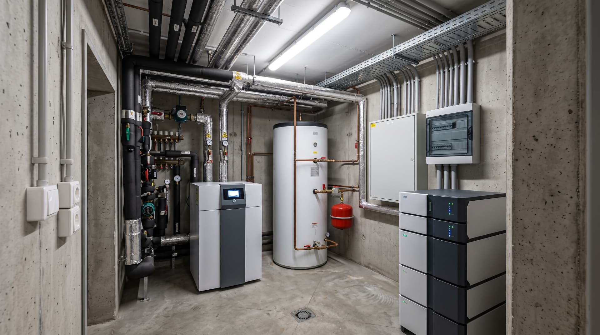 Technikraum mit Wärmepumpe, Speicher, Leitungen und Elektroverteilung