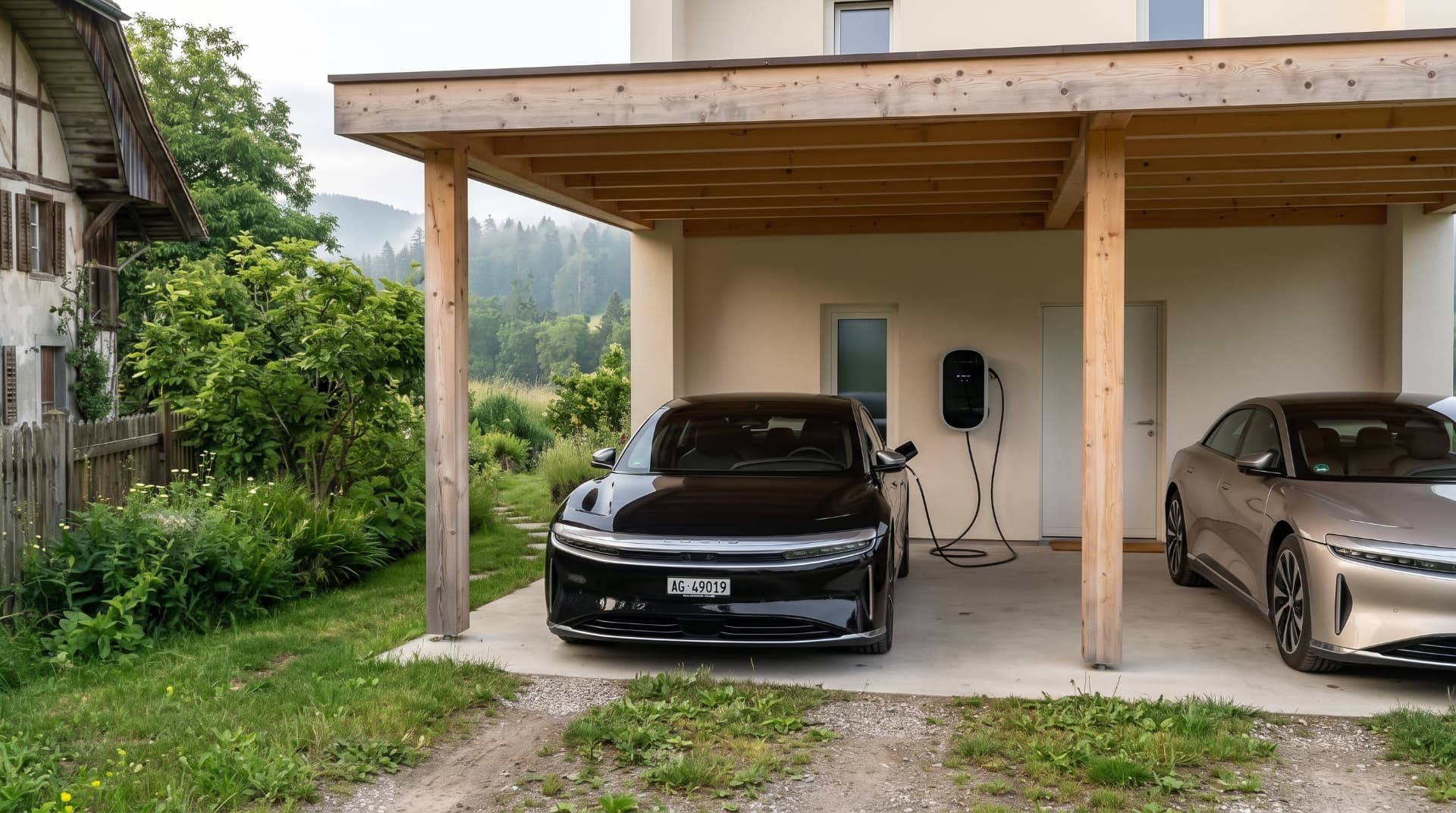 Elektroauto an der Ladestation unter dem Arbini-Carport