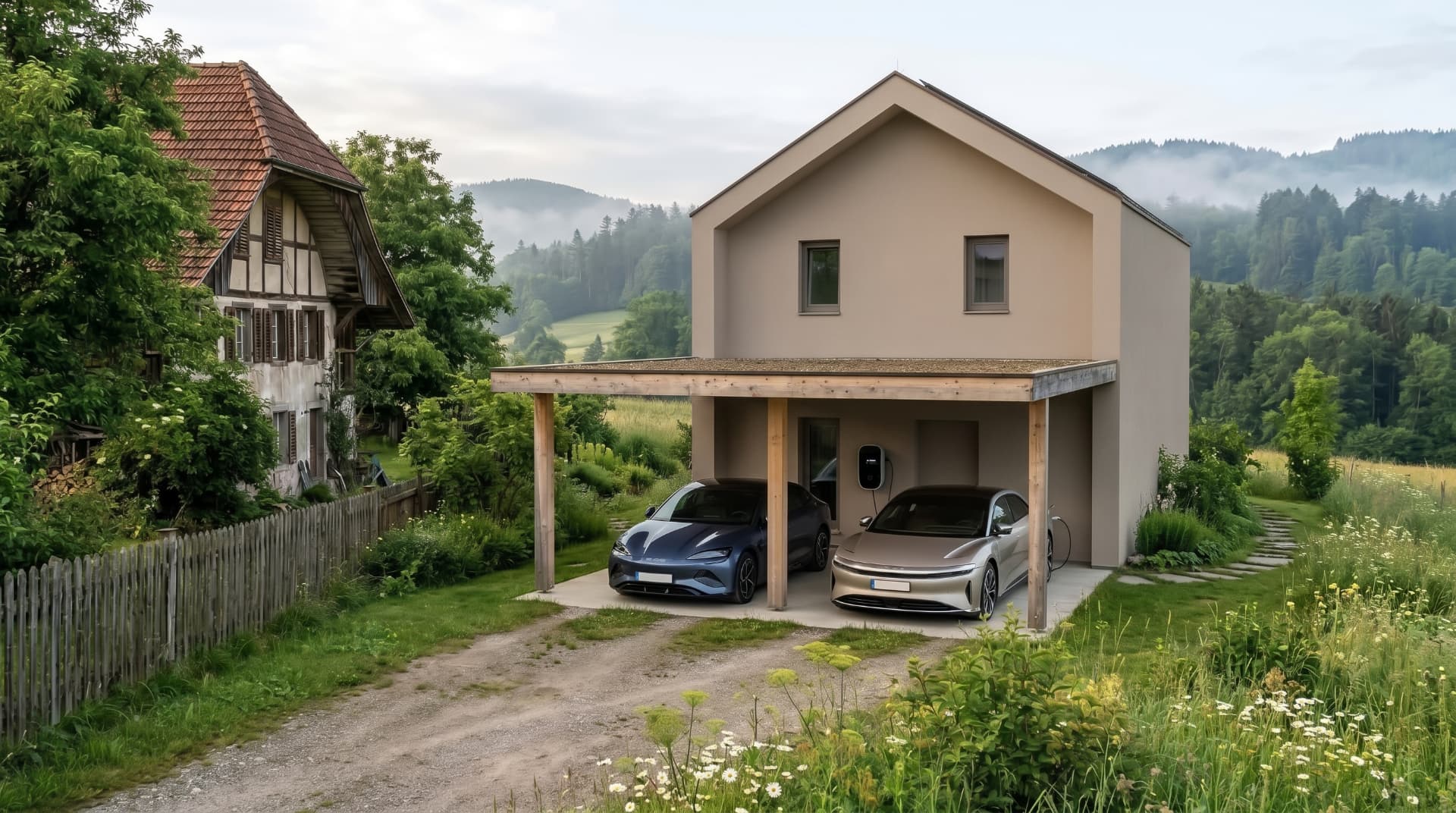 Arbini-Haus mit Holzcarport und zwei Elektroautos