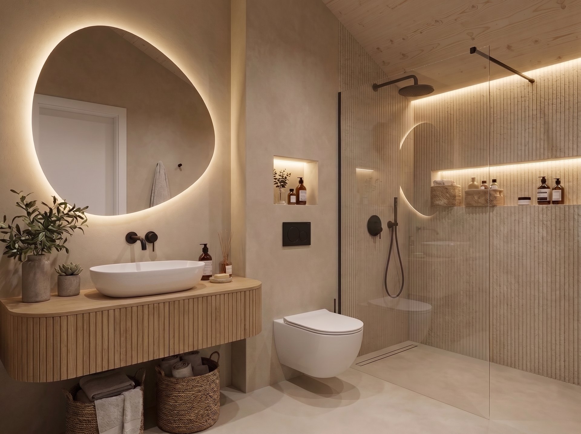 Badezimmer: Ruhig — Feinsteinzeug hell, Dusche