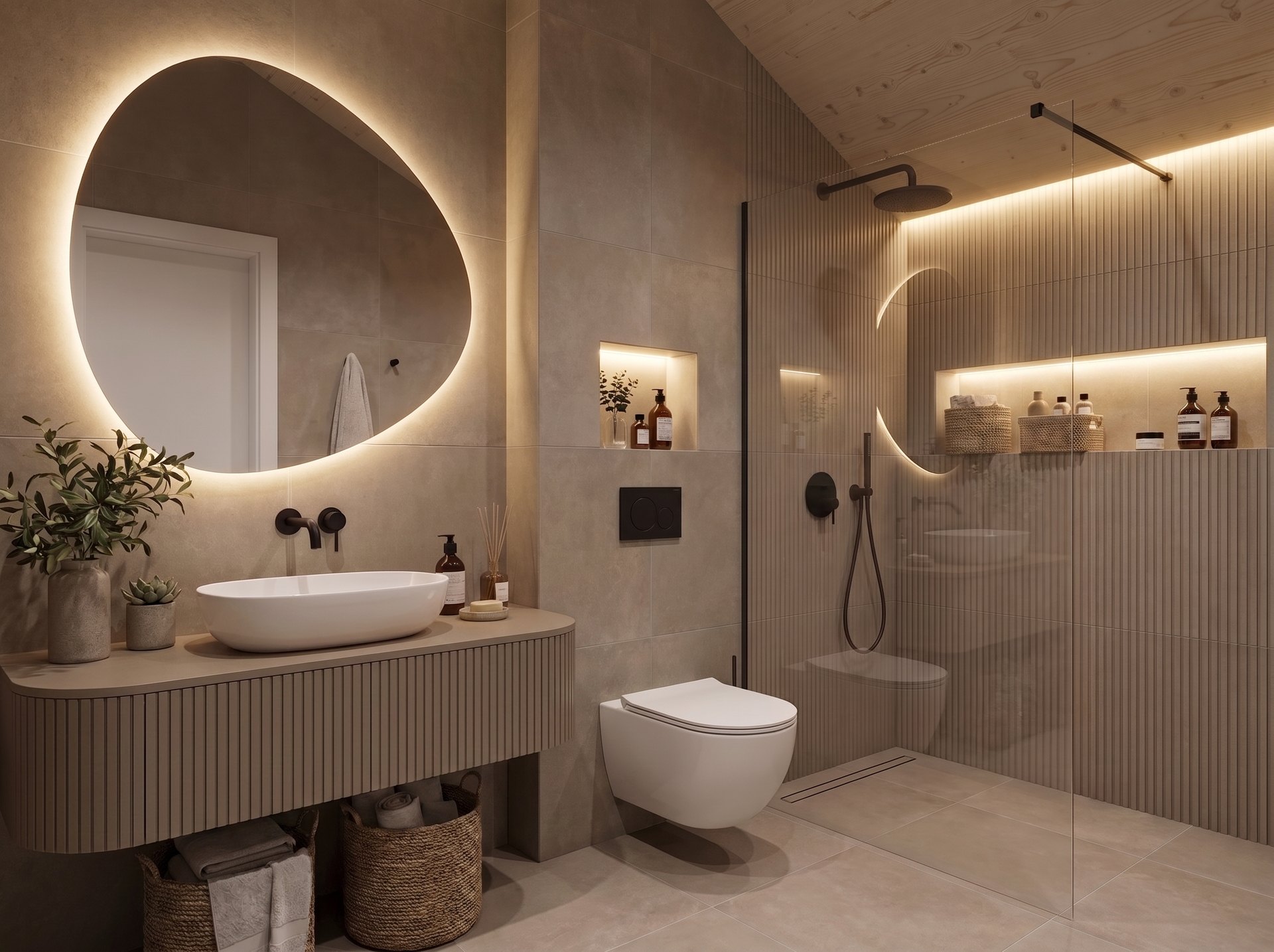 Badezimmer: Dunkel — Grossformat grau, frei stehende Wanne