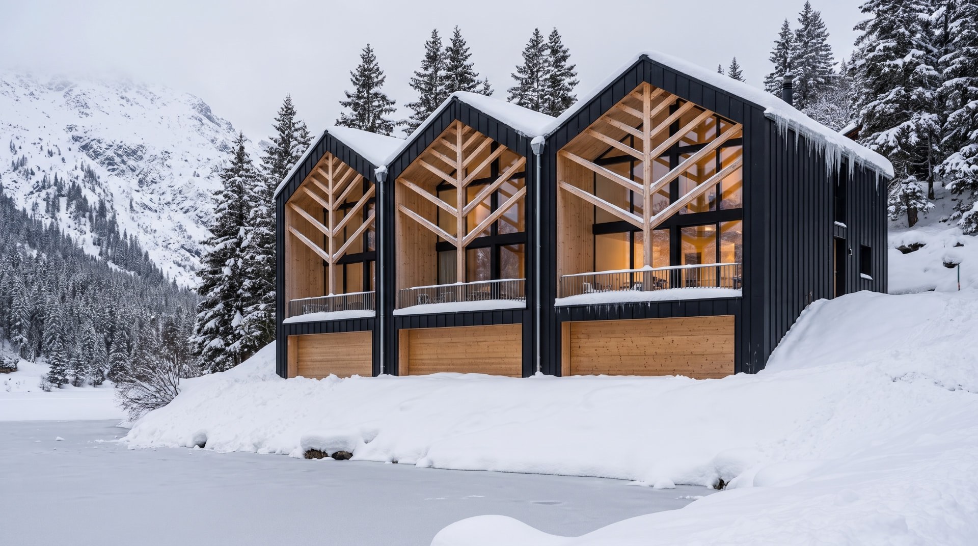 Arbini-Häuser im Schnee mit warm beleuchteten Giebeln
